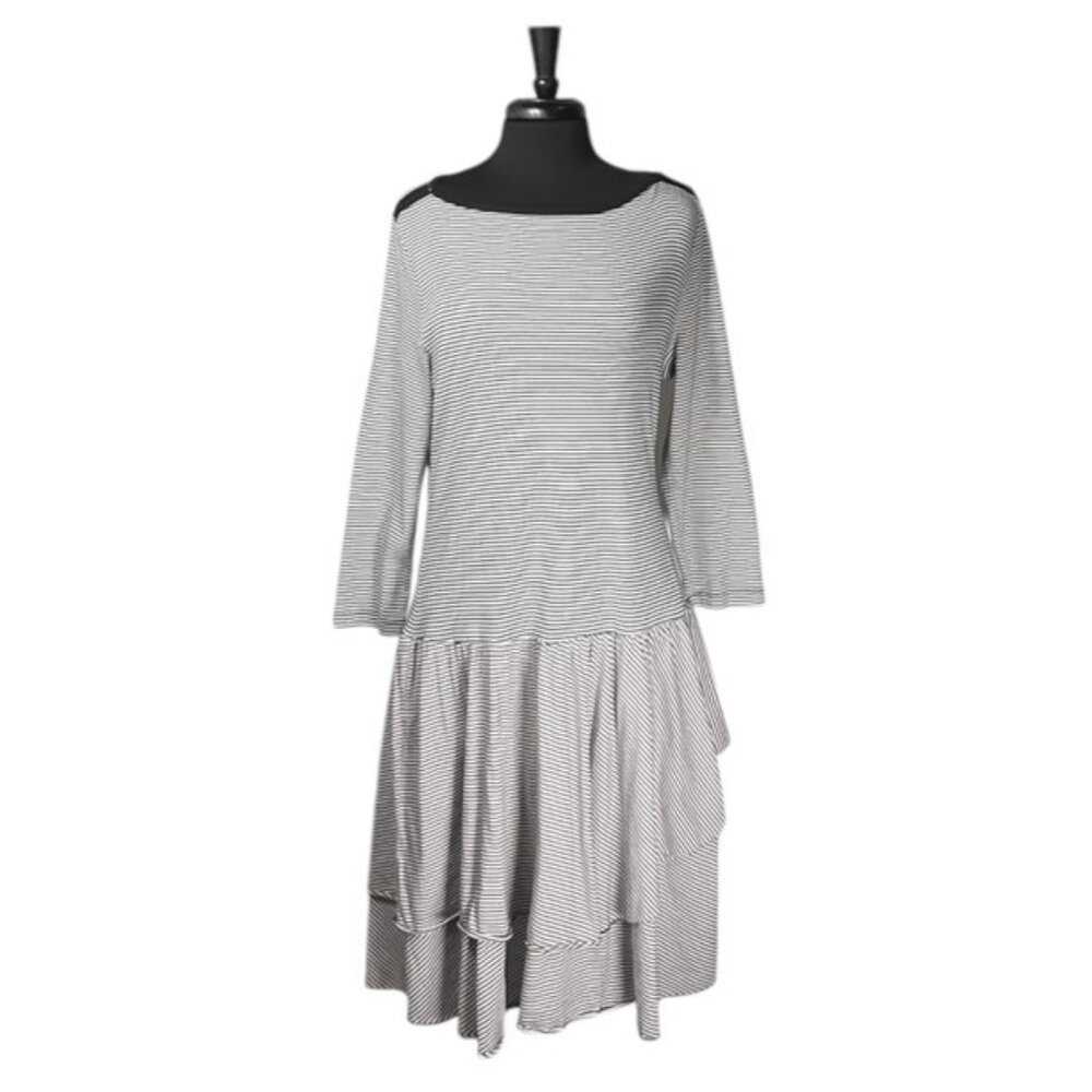 Ralph Lauren Midi Tiered Ruffle Striped Aline Boat Neck 3/4 Sleeve Dress, M